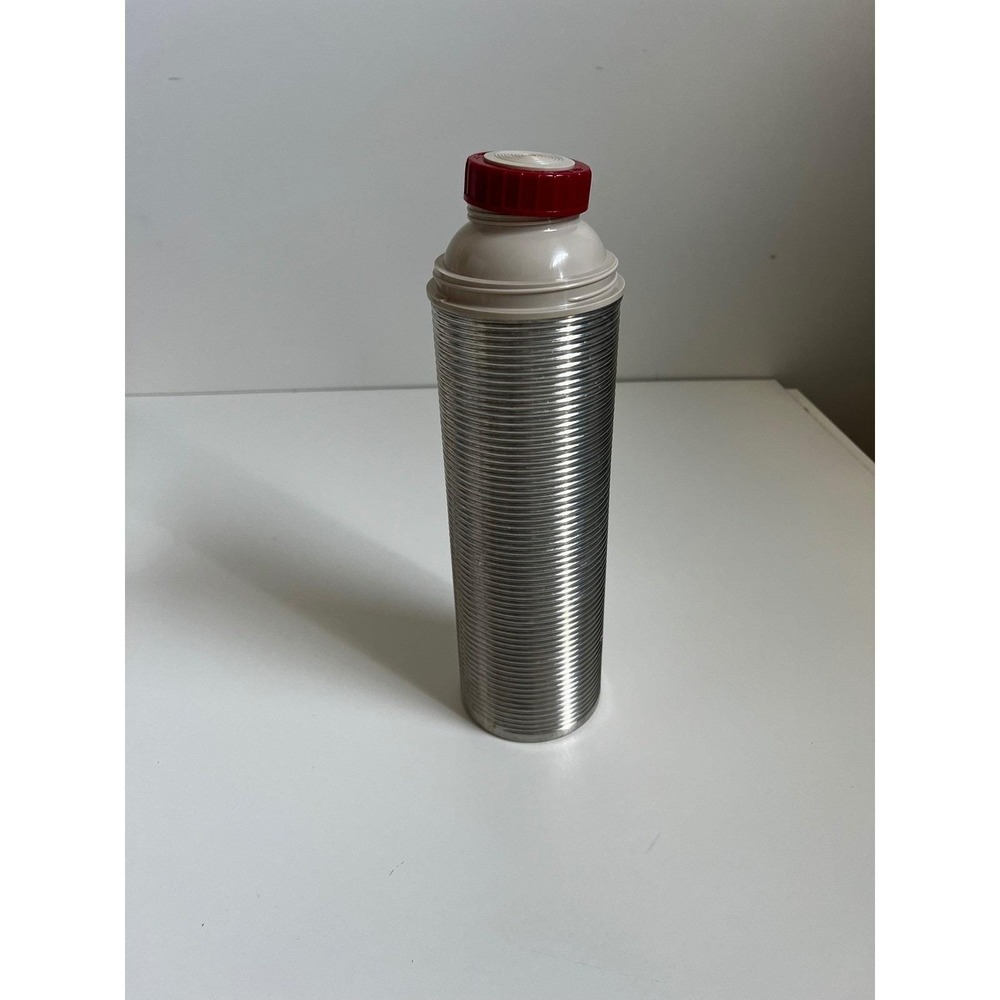 Vintage 70s Thermos Brand Vacuum Bottle Ribbed Metal Insulated Container Red Top